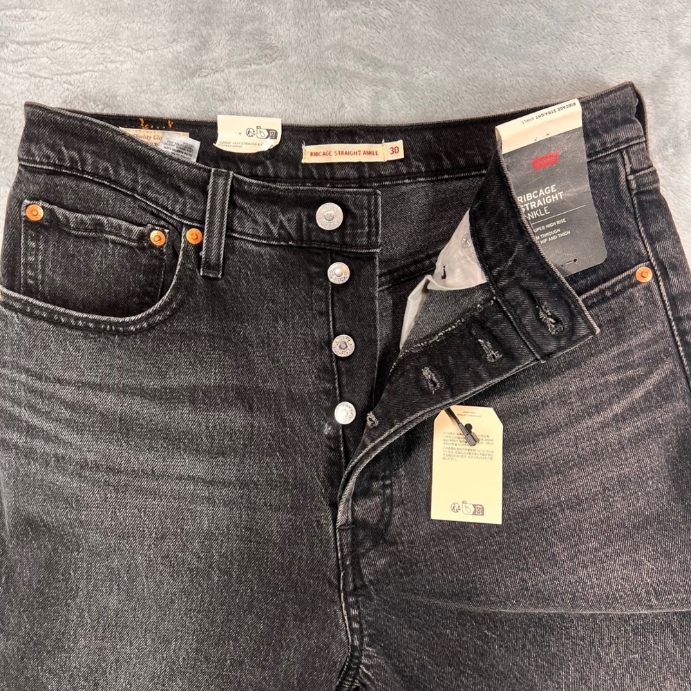 Levis Premium Ribcage Straight Ankle Jeans Womens 30 Super High Rise Black Denim - Picture 7 of 12